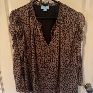 CeCe Tan and Black Leopard Print Ruffle Sleeve Blouse